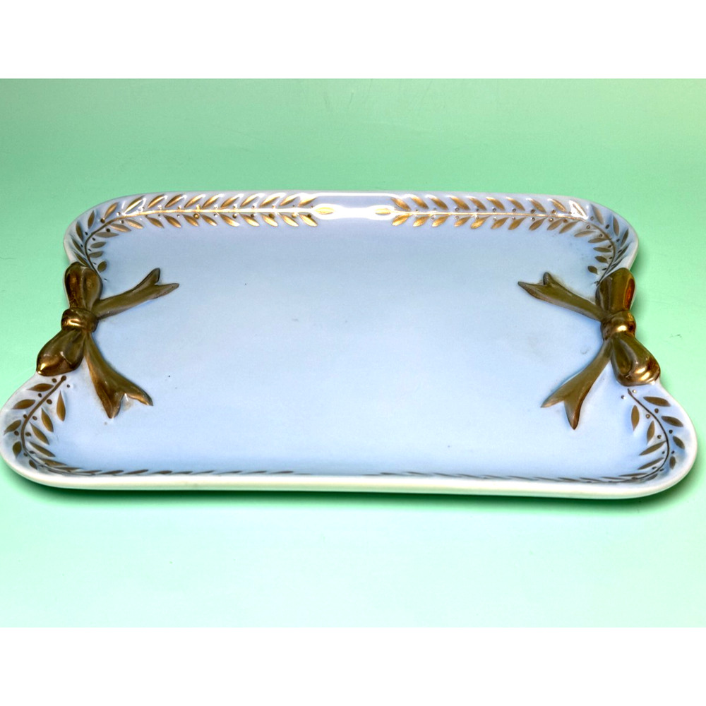 Vintage Irice Sky Blue Vanity Tray Trinket Dish Gold Ribbon Vine Made in Japan